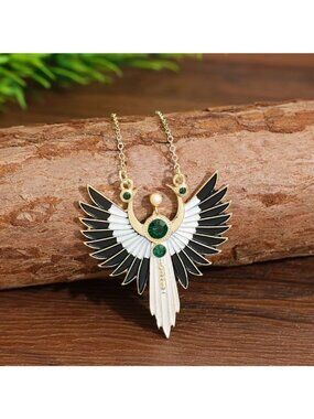Black & White Enamel Wings w/ Green Crystals Pendant Necklace Gold Tone